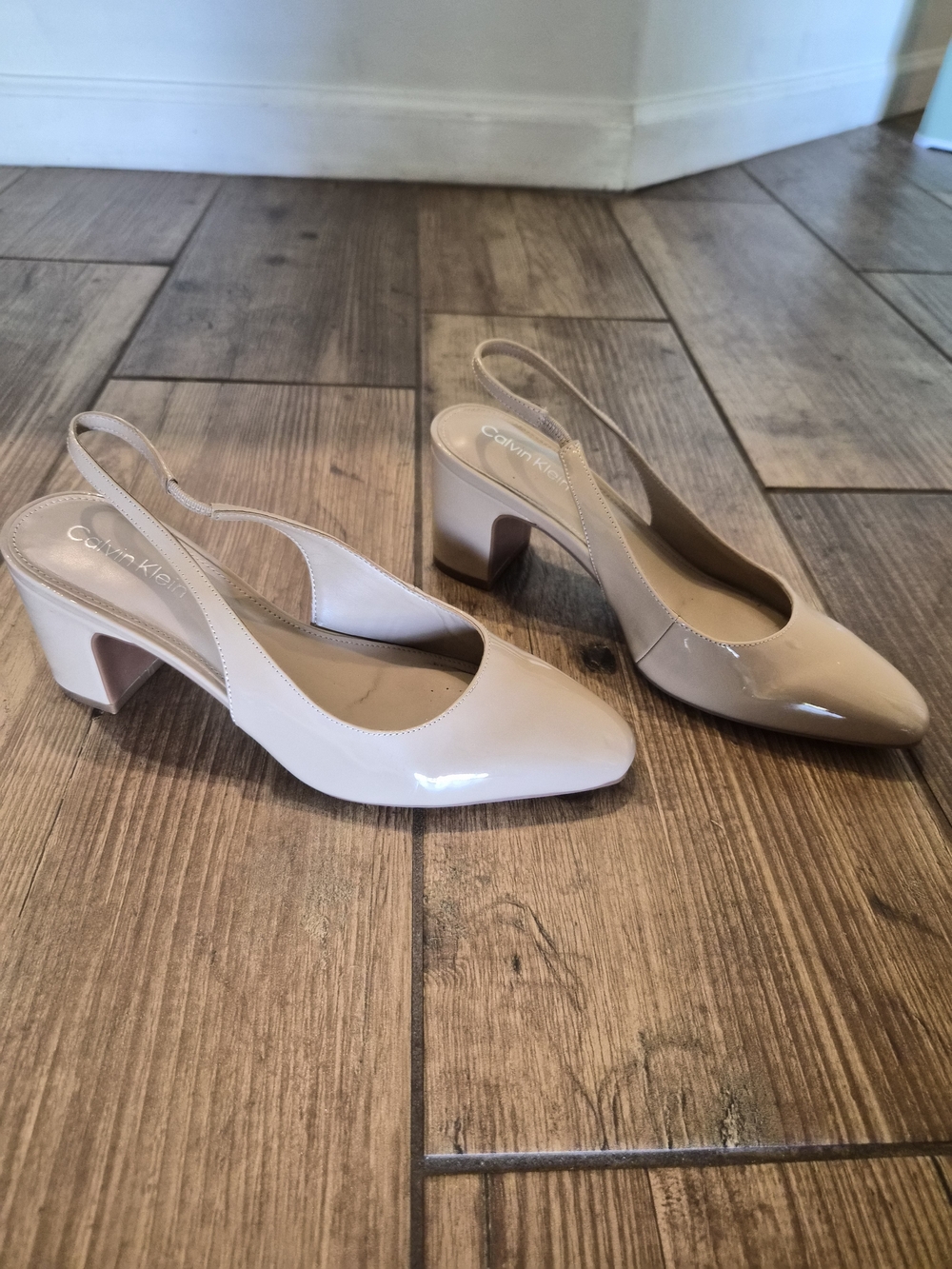Calvin Klein Nude Patent Slingback Block Heel Pumps